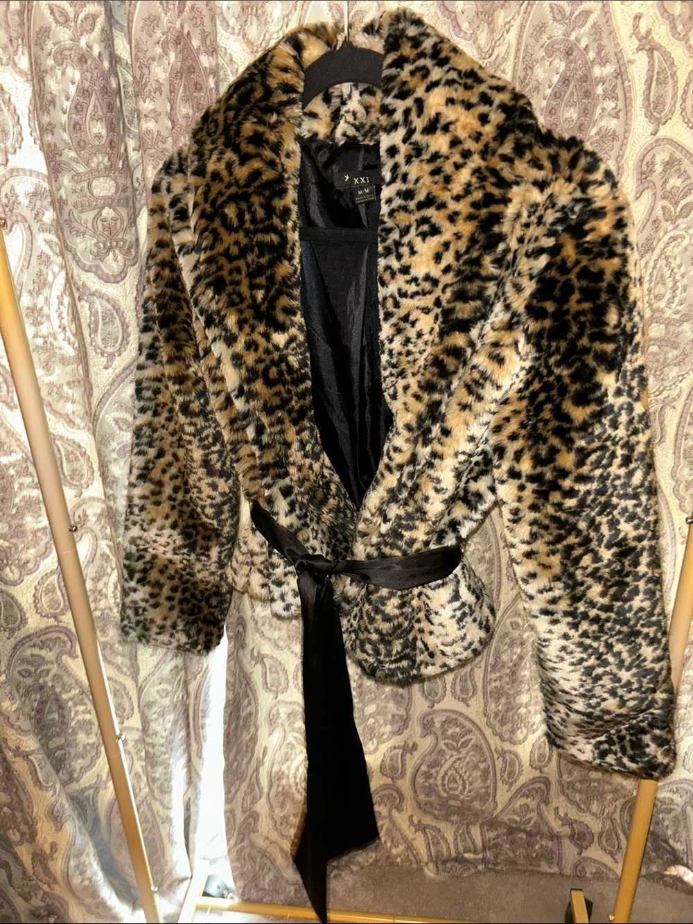 XOXO Faux Fur Leopard Print Belted Jacket in Brown and Black - Picture 2 of 5